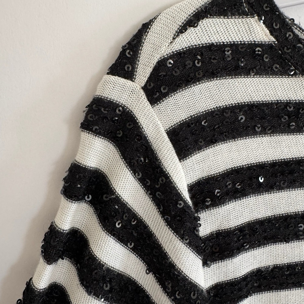 Talbots Black White Striped Sequin Sweater 3/4 Sleeve 1X Holiday NYE Festive‎ - Picture 3 of 8